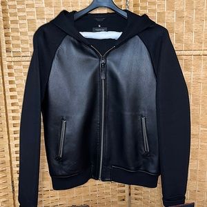 Almost new mens Mackage Hoodie jacket in leather and nylon